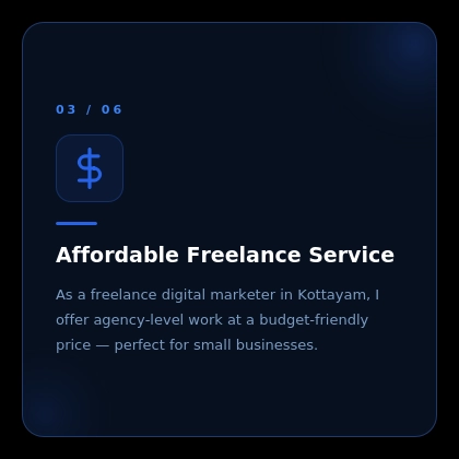 Affordable Freelance Service card highlighting cost-effective digital marketing solutions, professional services, and business growth for small businesses.