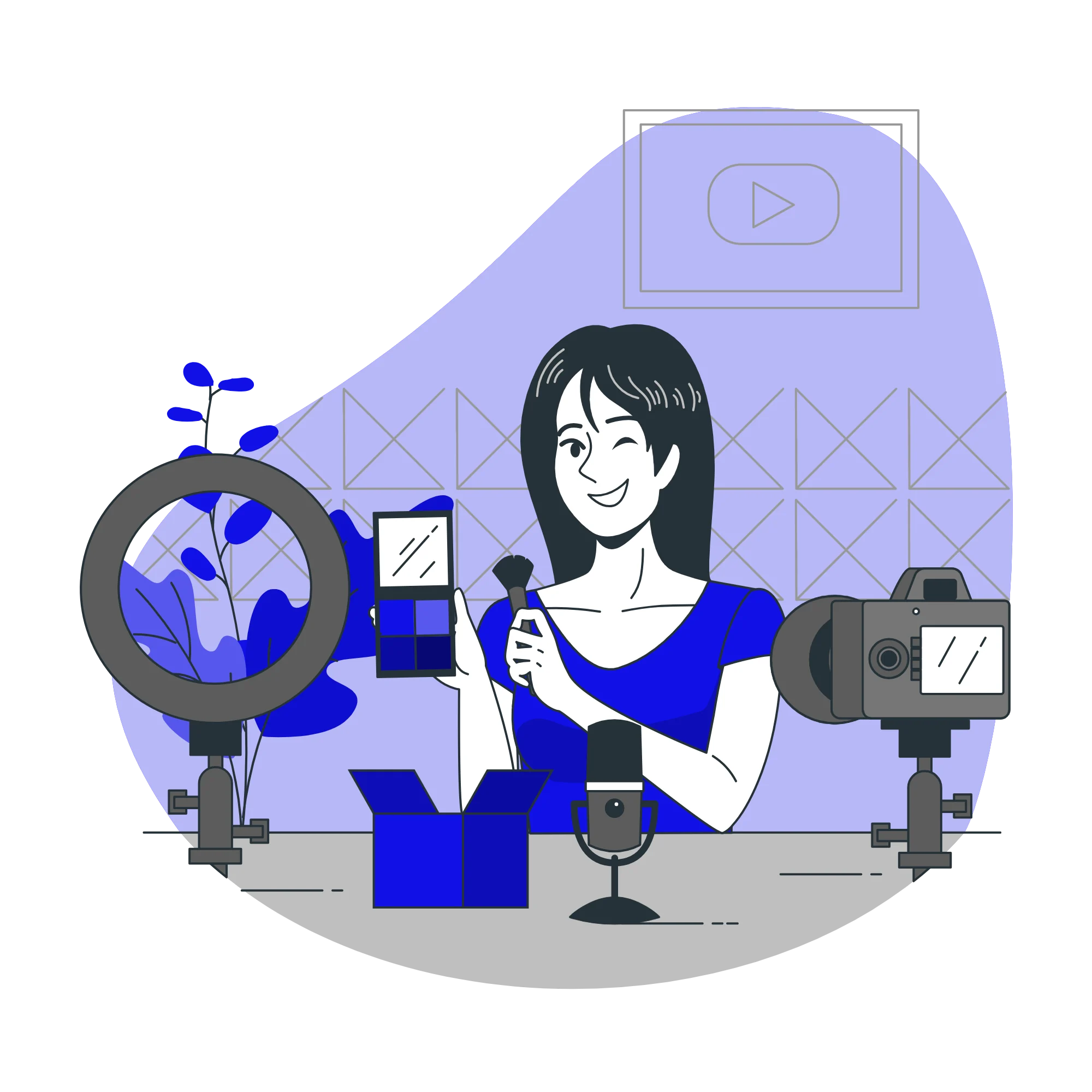 Content Creation service illustration showing a content creator recording videos, reviewing products, and creating digital content for social media marketing and brand promotion.