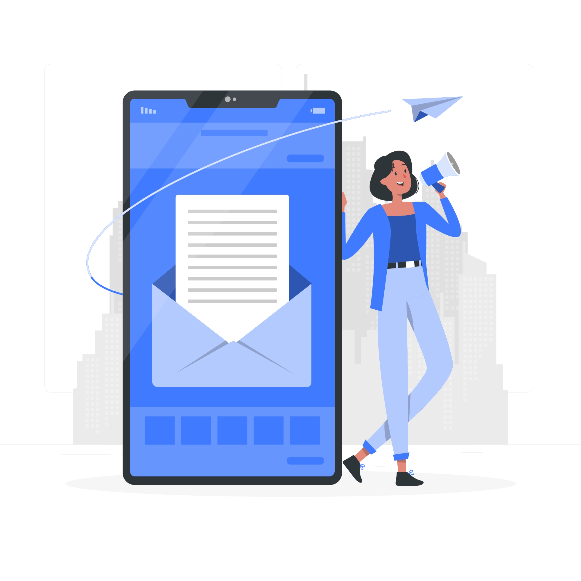 E-commerce service illustration showing a smartphone with online customer communication, digital promotions, and business marketing for online stores.