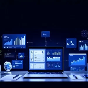 A digital illustration featuring a dashboard with charts and data visualization on a laptop screen, representing marketing analytics, performance tracking, and data-driven business insights
