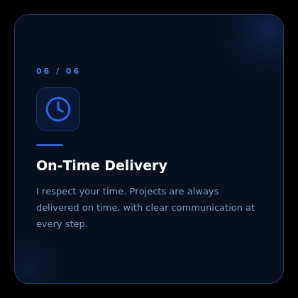 On-Time Delivery service card highlighting timely project completion, reliable communication, and professional digital marketing services.