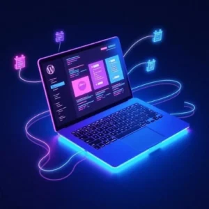 A digital illustration of a laptop with colorful application icons floating above the screen, representing WordPress development and modern web design services